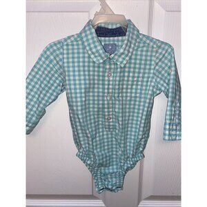 t  BABY GAP basic oxford button front snap crotch blue checkered shirt 12-18mos